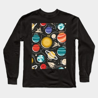 Paper space adventure II // pattern // black background multicoloured solar system paper cut planets origami paper spaceships and rockets Long Sleeve T-Shirt